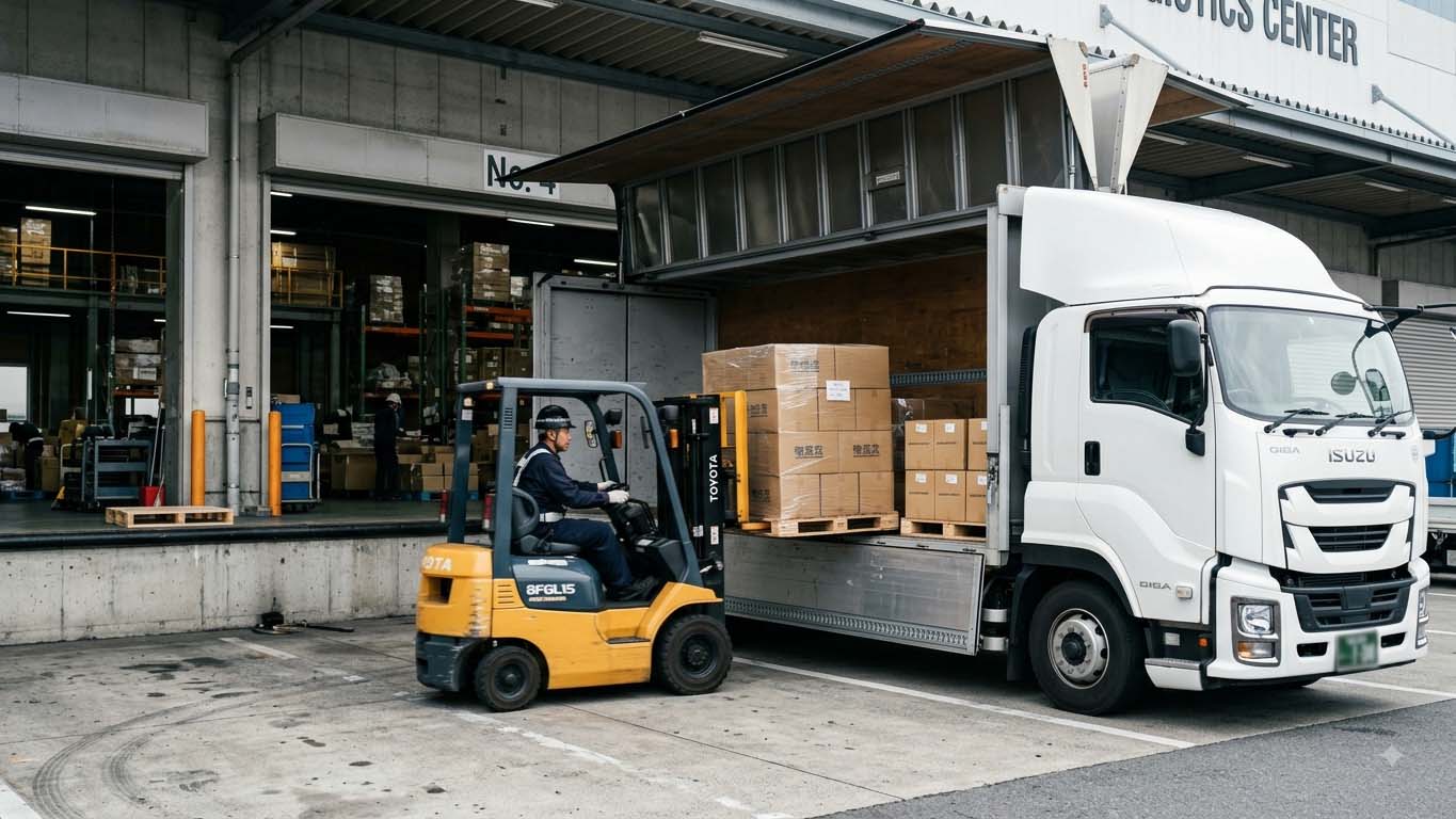 トラックから荷物を降ろしている画像
