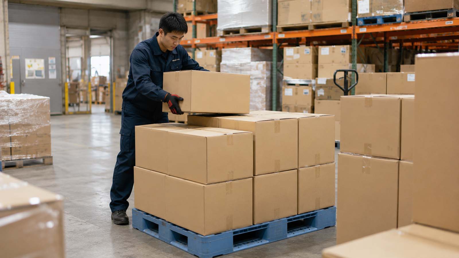 商品をパレットに積んでいる場面